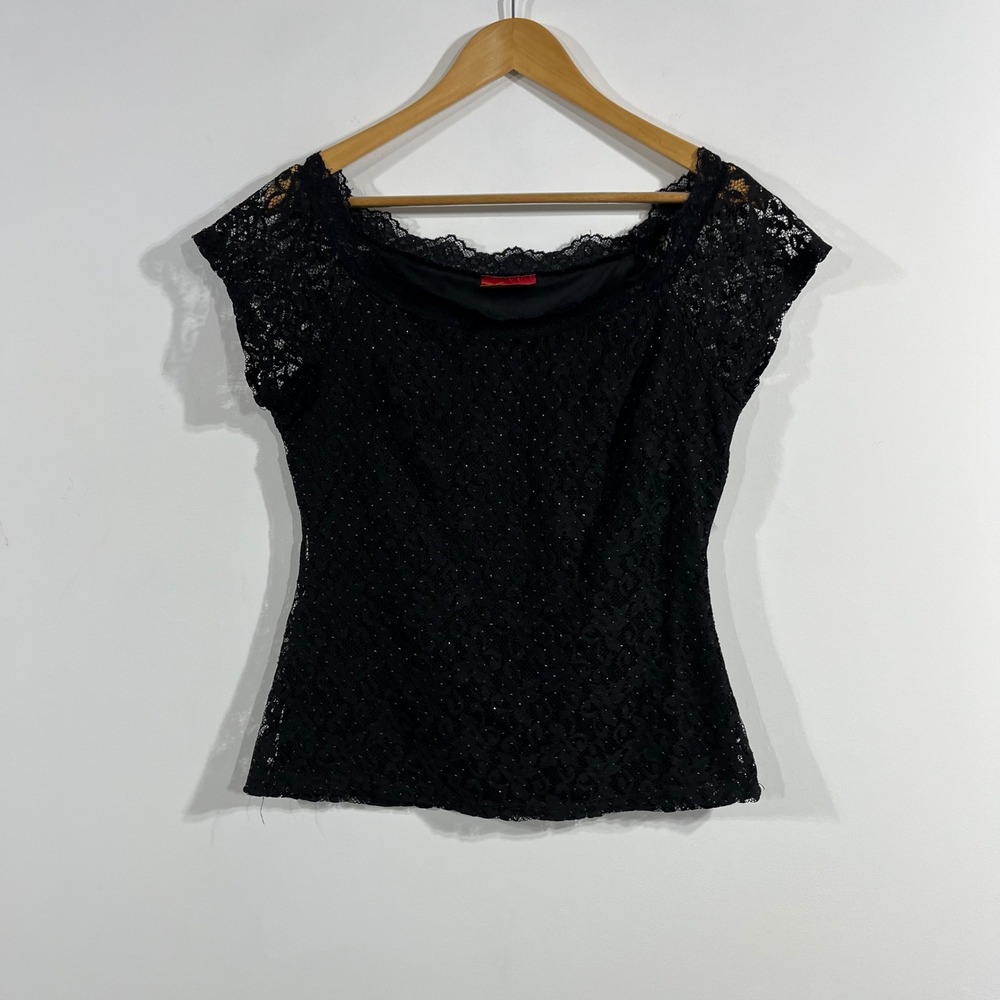 Womens Y2K Boho Black Fairy Grunge Lace Glitter Top Size Medium Whimsigoth 90s